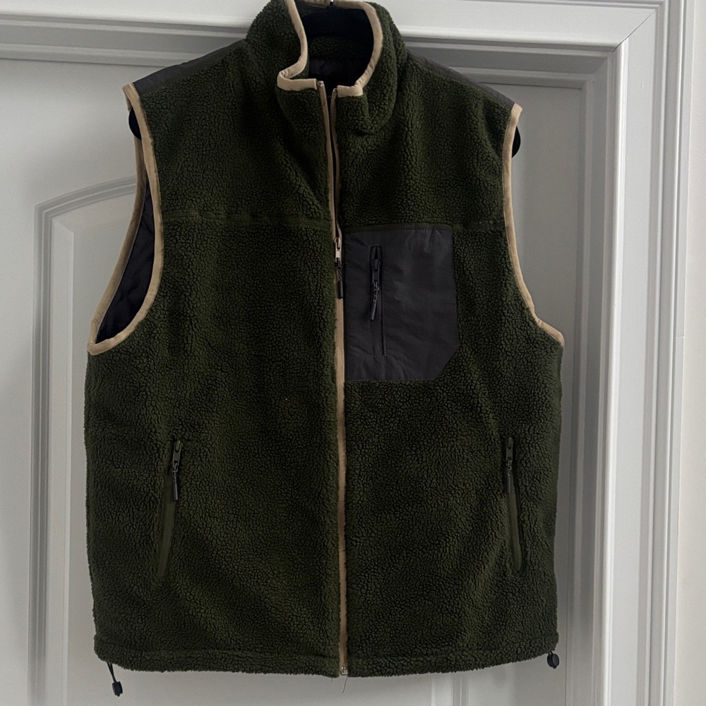 Olive Fleece Vest with Contrast Trim